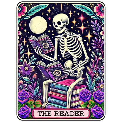 A colorful illustration featuring a skeleton reading a book, surrounded by vibrant flowers and moonlit stars, titled "The Reader." dtf transfers