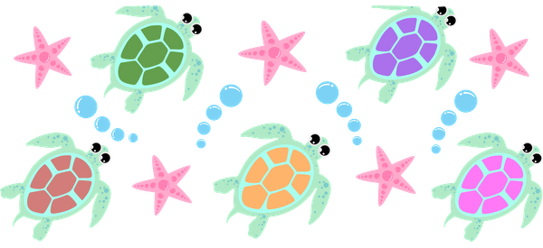 Tortugas de dibujos animados de colores nadando junto a estrellas de mar rosas y burbujas crean una escena submarina divertida y alegre. Transferencias UV