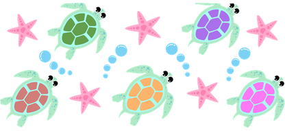 Tortugas de dibujos animados de colores nadando junto a estrellas de mar rosas y burbujas crean una escena submarina divertida y alegre. Transferencias UV