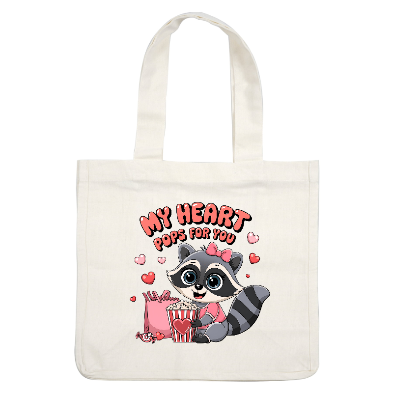 This cute cartoon raccoon in a pink outfit holds popcorn and surrounded by hearts, spreading a sweet Valentine's message!DTF Transfers