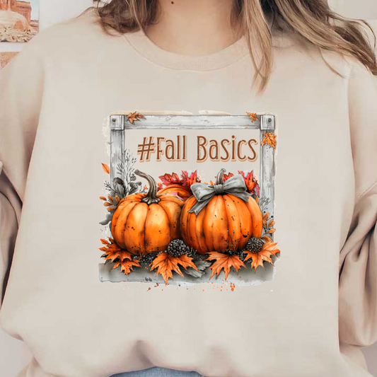 A charming autumn-themed graphic featuring two vibrant pumpkins, colorful leaves, and a decorative bow, perfect for fall celebrations. dtf prints