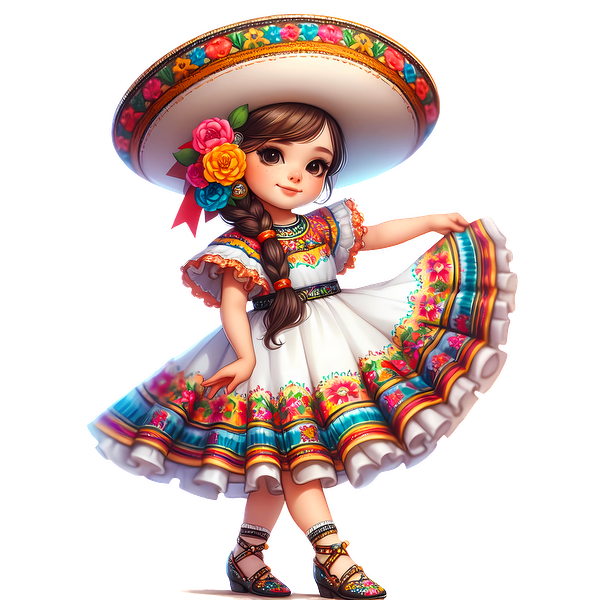 Una joven alegre con un vestido tradicional mexicano, adornado con patrones florales vibrantes y un gran sombrero.