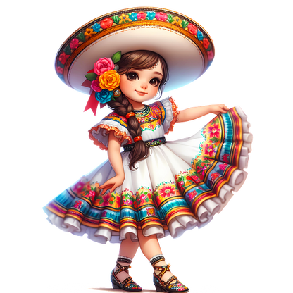 Una joven alegre con un vestido tradicional mexicano, adornado con patrones florales vibrantes y un gran sombrero.