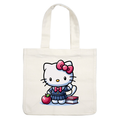 Hello Kitty is dressed in a cute school uniform, holding an apple with books nearby, exuding a cheerful, playful vibe.DTF Transfers dtf prints