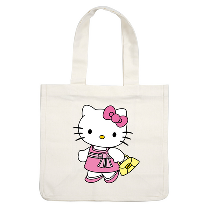 Meet Hello Kitty, a cute cartoon character dressed in a pink dress with a bow, carrying a yellow handbag!DTF Transfers