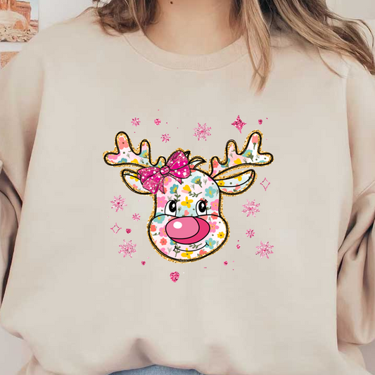 A whimsical reindeer illustration featuring colorful floral patterns and a cute pink bow, surrounded by sparkling snowflakes.DTF Transfers heat press transfers