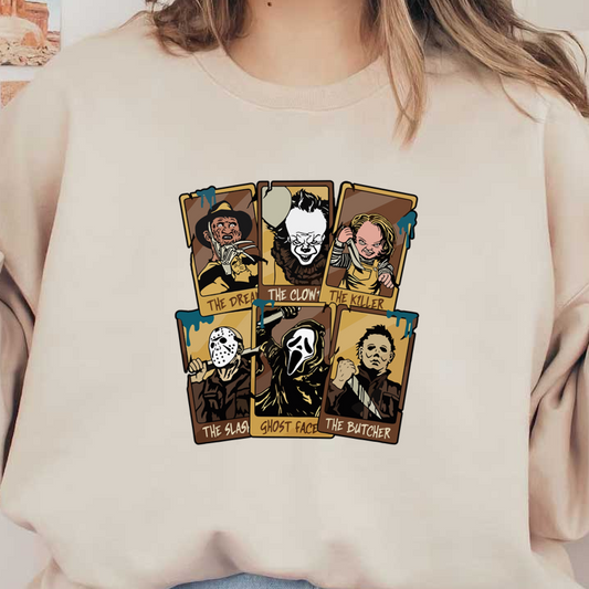 A collection of iconic horror character illustrations, featuring "The Clown," "The Killer," "Ghost Face," and more, in a vintage card style. heat press transfers