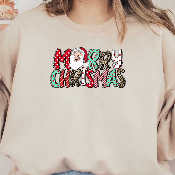 Cheerful "Merry Christmas" design featuring a smiling Santa with playful, colorful letters in festive patterns. dtf prints