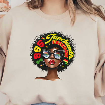 Una ilustración vibrante que celebra el Día de la Independencia, con una mujer elegante con un afro, gafas de sol y un texto llamativo que expresa libertad.