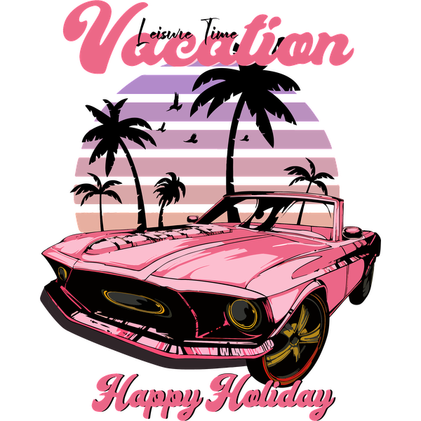 Un gráfico vibrante que presenta un automóvil rosa retro y palmeras, que celebra el ambiente de vacaciones y felices fiestas.