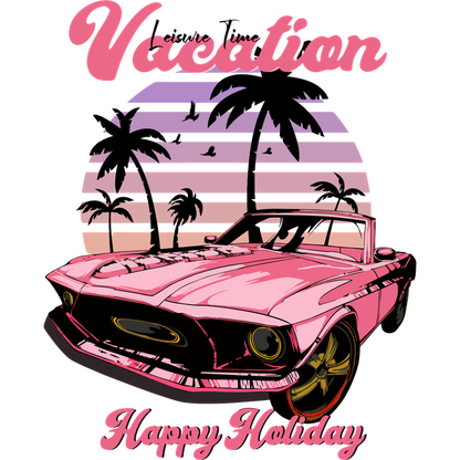 Un gráfico vibrante que presenta un automóvil rosa retro y palmeras, que celebra el ambiente de vacaciones y felices fiestas.