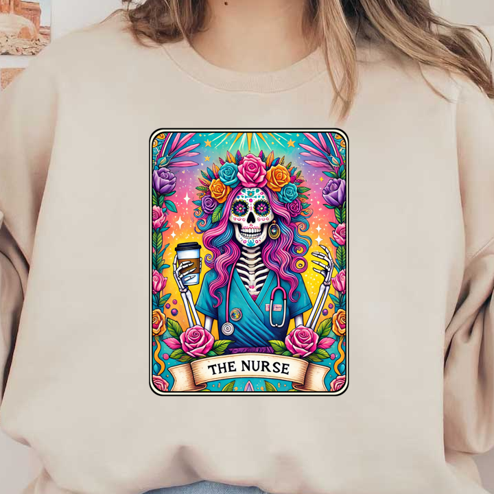 A vibrant, colorful illustration of a skeletal nurse adorned with flowers, holding a coffee, celebrating Día de los Muertos. heat press transfers