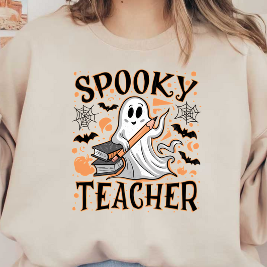 This fun design features a cute ghost holding a pencil and books, perfect for a "Spooky Teacher" theme!