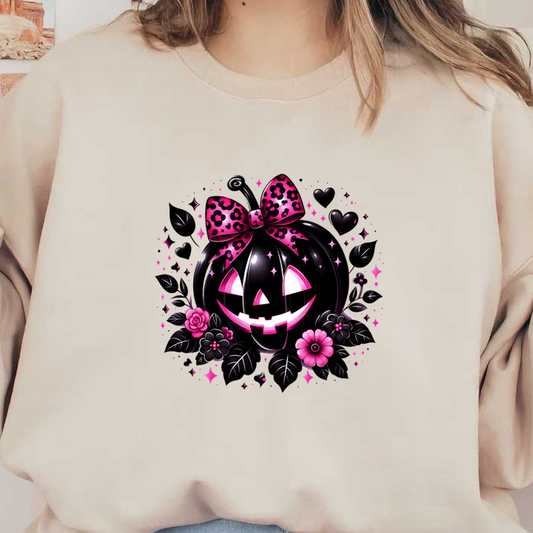 A charming black pumpkin with a pink leopard print bow, surrounded by vibrant flowers and whimsical hearts, perfect for Halloween! heat press transfers