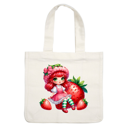 This whimsical illustration features a girl in a strawberry-themed outfit, adorned with a polka-dotted hat and striped stockings, surrounded by oversized strawberries.DTF Transfers