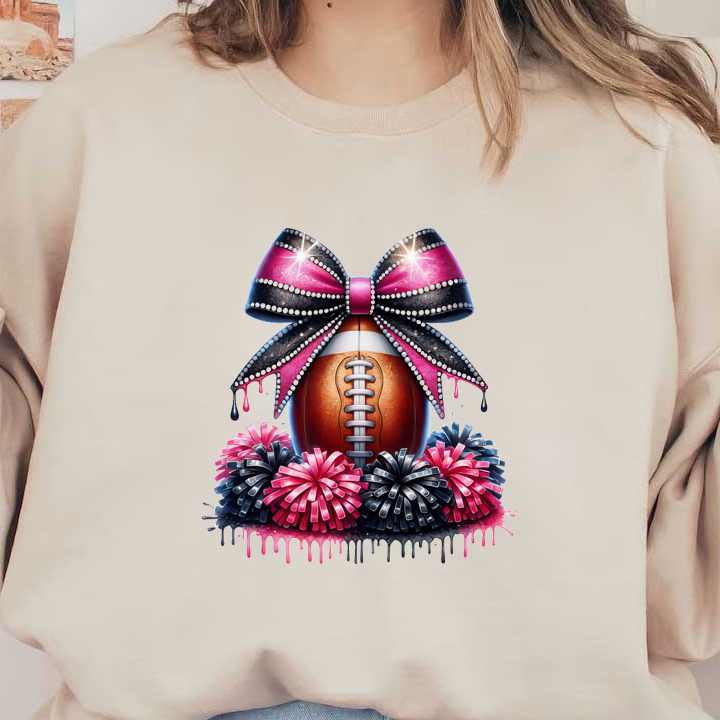 A fun and festive football design adorned with a sparkling pink and black bow, complemented by vibrant pom-poms.DTF Transfers heat press transfers