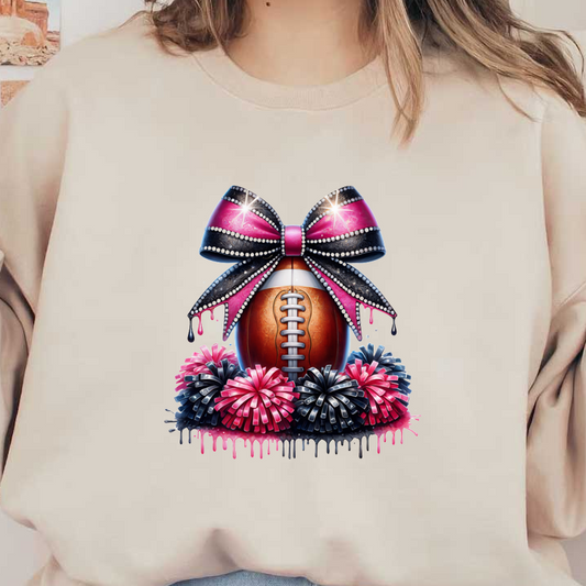 A fun and festive football design adorned with a sparkling pink and black bow, complemented by vibrant pom-poms.DTF Transfers heat press transfers