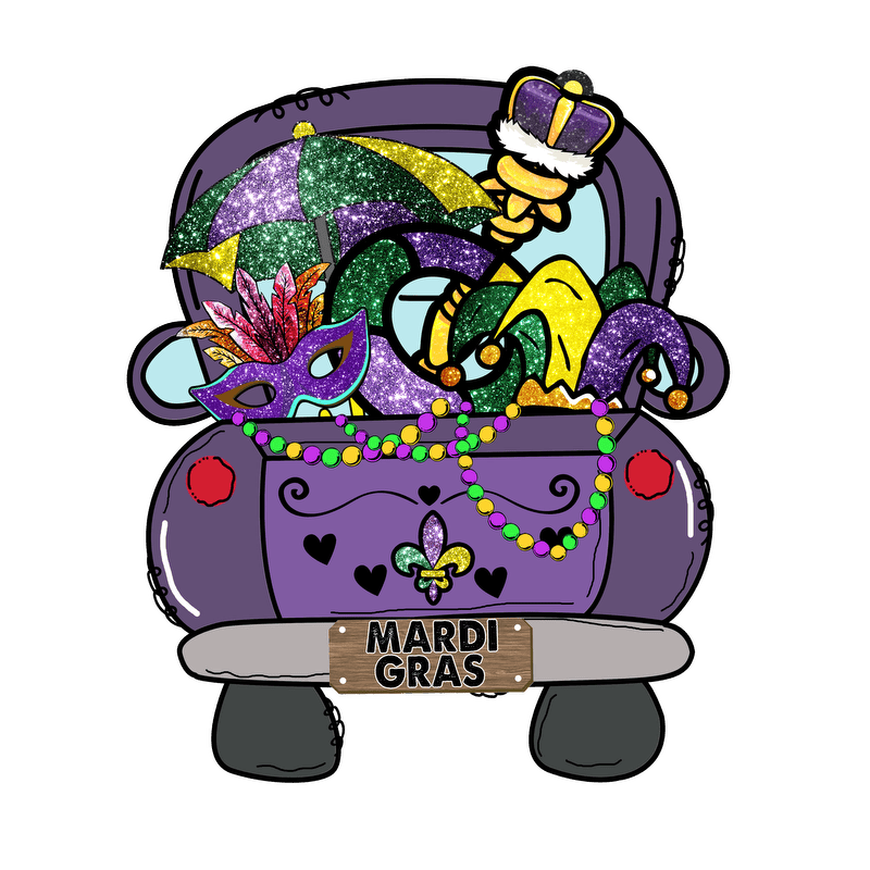 Celebrate Mardi Gras with this vibrant purple car adorned with glittery decorations, masks, beads, and a festive umbrella!DTF Transfers