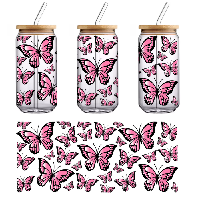 A vibrant design featuring numerous pink butterflies, creating a whimsical and lively atmosphere.UV Transfers dtf transfers