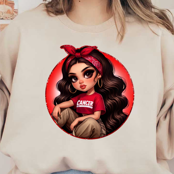 Un elegante personaje de dibujos animados con cabello largo y ondulado y un pañuelo rojo, que viste una camiseta roja con la palabra "CÁNCER" y pantalones color canela.