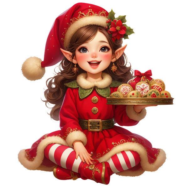 A cheerful elf in a vibrant red outfit and Santa hat holds a tray of colorful Christmas ornaments, radiating festive joy.DTF Transfers dtf transfers