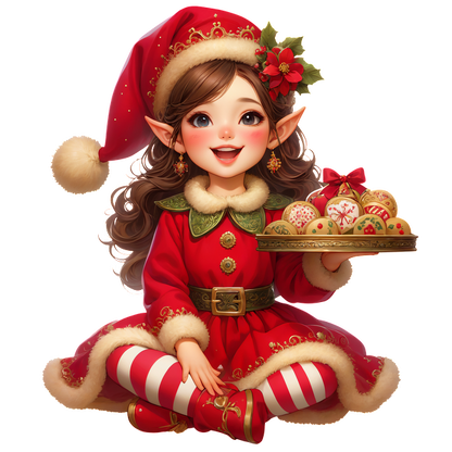 A cheerful elf in a vibrant red outfit and Santa hat holds a tray of colorful Christmas ornaments, radiating festive joy.DTF Transfers dtf transfers