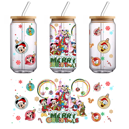 Celebrate the holiday spirit with beloved Disney characters in festive attire, surrounded by colorful decorations and a cheerful "Merry Christmas" message!UV Transfers dtf prints