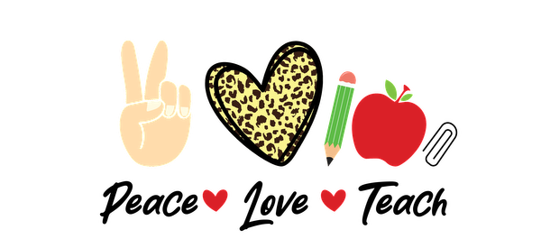 A fun illustration featuring a peace sign, a leopard print heart, a green and pink pencil, and a red apple.UV Transfers dtf transfers