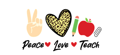 A fun illustration featuring a peace sign, a leopard print heart, a green and pink pencil, and a red apple.UV Transfers dtf transfers