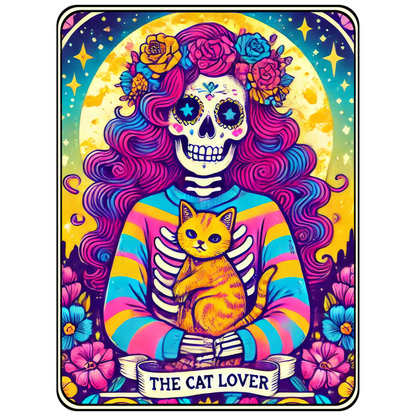 Una ilustración vibrante y caprichosa de una mujer esqueleto con un atuendo colorido, sosteniendo un gato, celebrando el amor por los gatos.