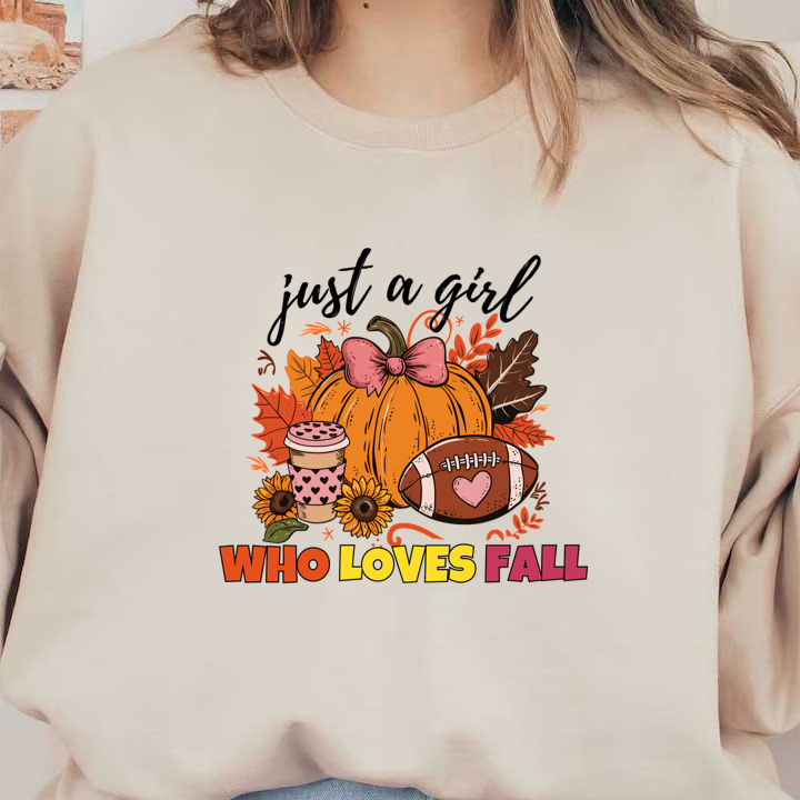 A vibrant fall-themed illustration featuring a pumpkin, coffee cup, football, sunflowers, and colorful leaves with the phrase "Who Loves Fall." dtf prints