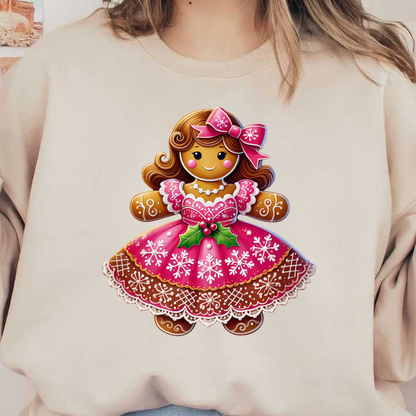 A festive gingerbread girl cookie dressed in a pink snowflake-patterned dress, complete with a matching bow and holly accents.DTF Transfers heat press transfers