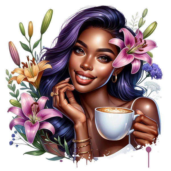 Una mujer alegre con cabello largo de color morado sostiene una taza de café humeante, rodeada de flores vibrantes, que irradian calidez y alegría.