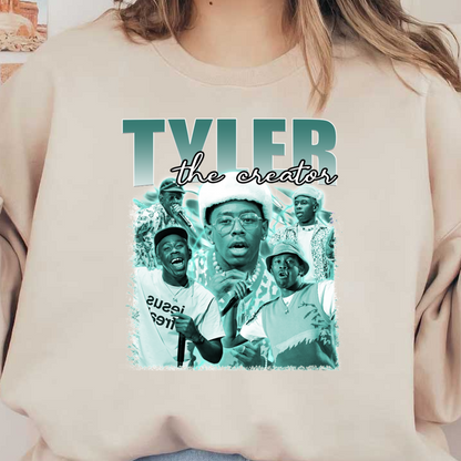 A vibrant collage of Tyler, the Creator showcasing different styles, expressions, and energetic performances in shades of teal and white.DTF Transfers dtf transfers