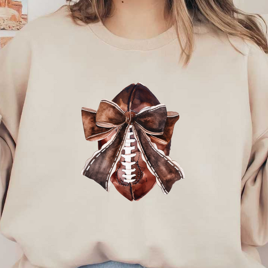 A whimsical watercolor illustration of a brown football adorned with a large, elegant bow for a festive touch. dtf prints