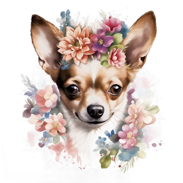 Un lindo chihuahua adornado con una vibrante corona floral, mostrando una sonrisa juguetona rodeada de flores de colores.