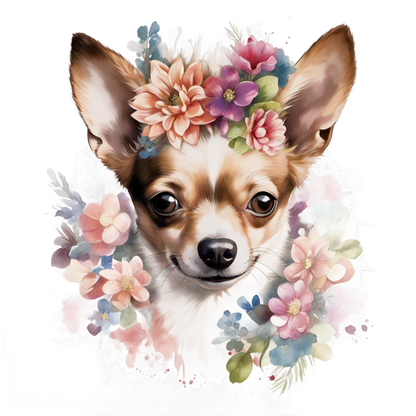 Un lindo chihuahua adornado con una vibrante corona floral, mostrando una sonrisa juguetona rodeada de flores de colores.