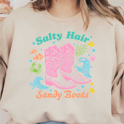 "Charming pink cowboy boots celebrating coastal vibes: salty hair, sandy boots!"DTF Transfers