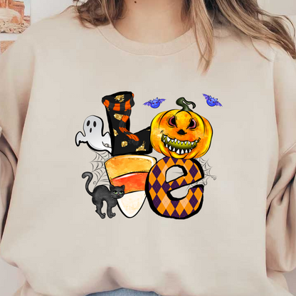 A vibrant Halloween-themed illustration featuring a mischievous pumpkin, ghost, cat, candy corn, and flying bats in playful colors. dtf prints