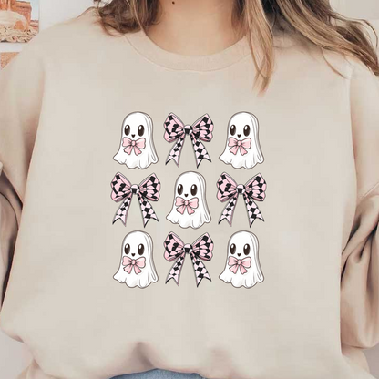 Un patrón divertido que presenta lindos fantasmas con lazos rosados ​​y cintas a cuadros, perfecto para un diseño caprichoso.