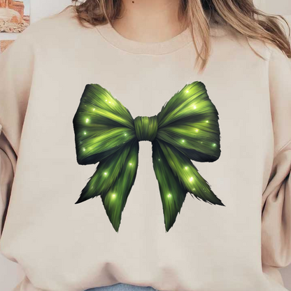 A vibrant green bow adorned with sparkling lights, perfect for festive decorations or special occasions. heat press transfers