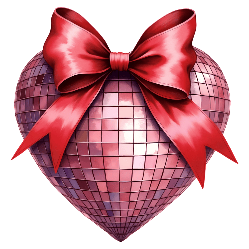 A shiny pink disco heart adorned with a vibrant red bow, perfect for celebrating love and joy.DTF Transfers