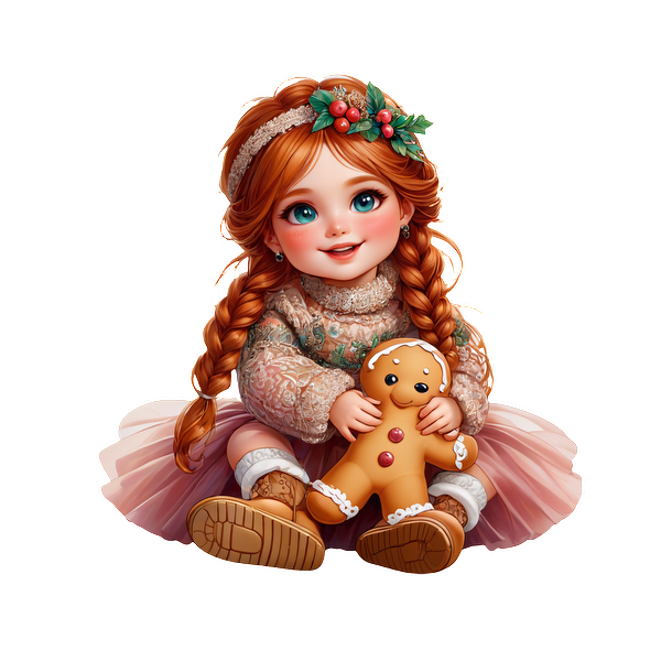 A cheerful young girl with braided red hair, dressed in a festive sweater and pink tulle skirt, holds a gingerbread cookie.DTF Transfersdtf regular iron