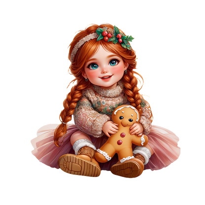 A cheerful young girl with braided red hair, dressed in a festive sweater and pink tulle skirt, holds a gingerbread cookie.DTF Transfersdtf regular iron