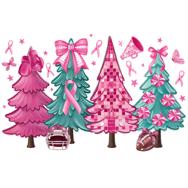 A charming collection of pink-themed Christmas trees adorned with ribbons, football decorations, and symbols of support for breast cancer awareness.DTF Transfers dtf transfers