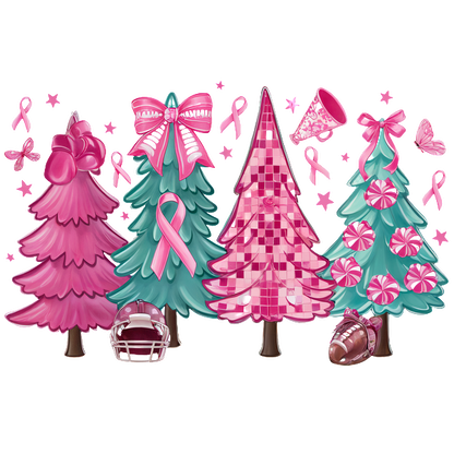 A charming collection of pink-themed Christmas trees adorned with ribbons, football decorations, and symbols of support for breast cancer awareness.DTF Transfers dtf transfers