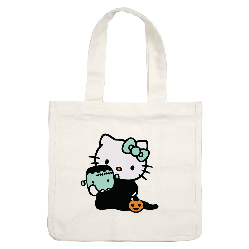 Hello Kitty cuddles a cute Frankenstein in a Halloween-themed design, featuring playful colors and festive elements.DTF Transfersdtf regular iron