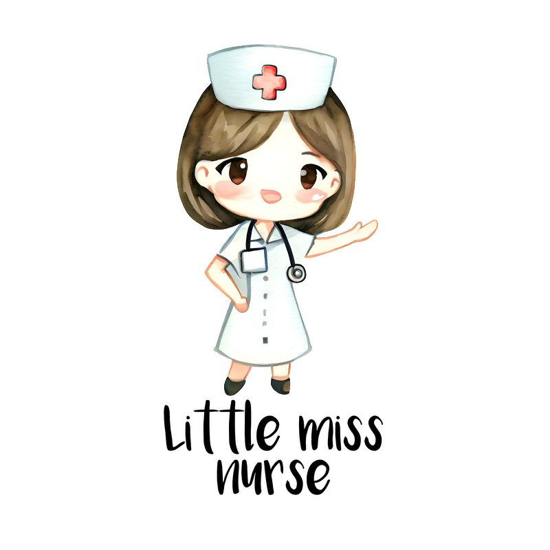 A cute cartoon nurse in a white dress, complete with a stethoscope and nurse's cap, cheerfully gesturing with a smile.DTF Transfers