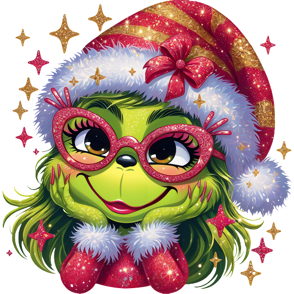 A cheerful, whimsical character with green skin, oversized pink glasses, and a festive red and white striped hat, surrounded by sparkles.DTF Transfersdtf regular iron