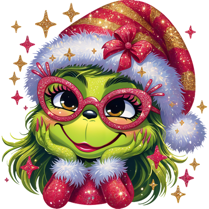 A cheerful, whimsical character with green skin, oversized pink glasses, and a festive red and white striped hat, surrounded by sparkles.DTF Transfersdtf regular iron